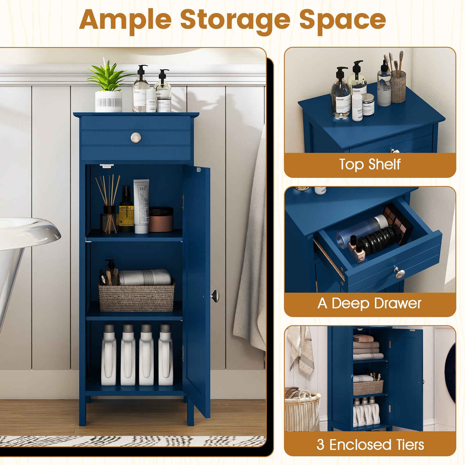 Wooden Storage Free-Standing Floor Cabinet with Drawer and Shelf-Blue