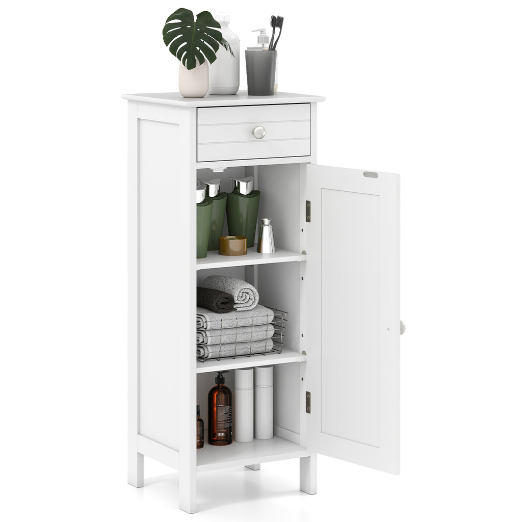 Wooden Storage Free-Standing Floor Cabinet with Drawer and Shelf-White
