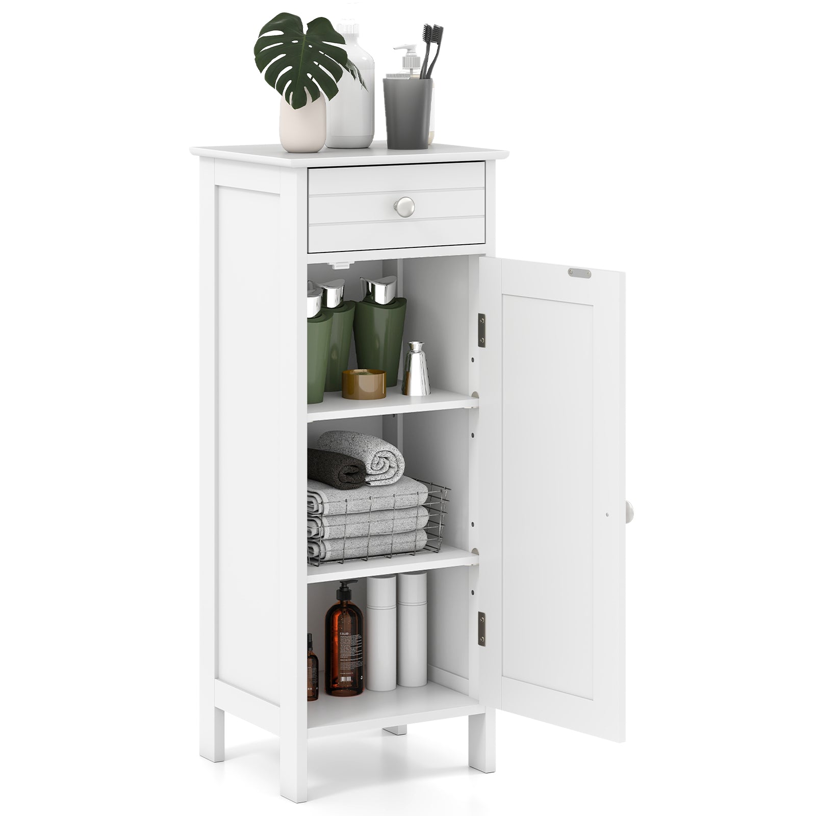 Wooden Storage Free-Standing Floor Cabinet with Drawer and Shelf-White