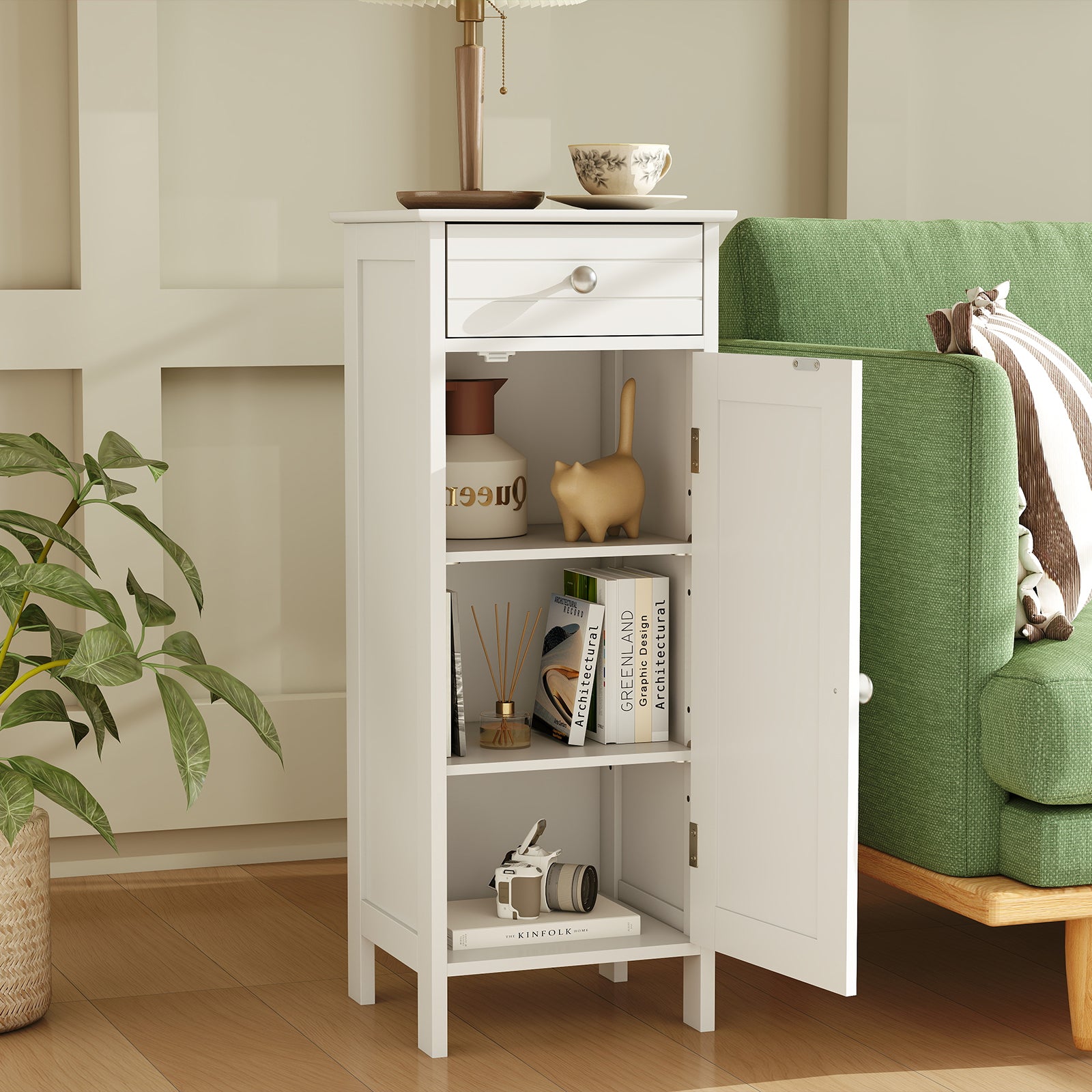Wooden Storage Free-Standing Floor Cabinet with Drawer and Shelf-White
