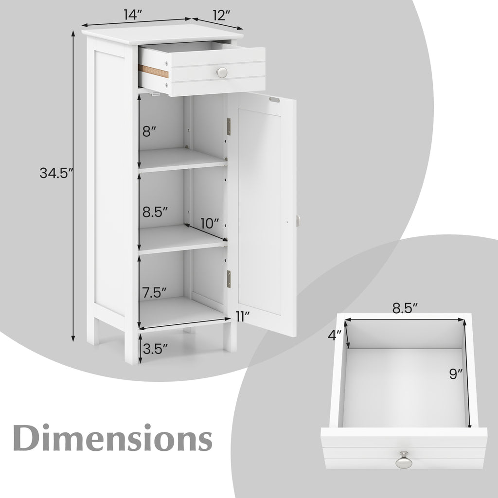 Wooden Storage Free-Standing Floor Cabinet with Drawer and Shelf-White
