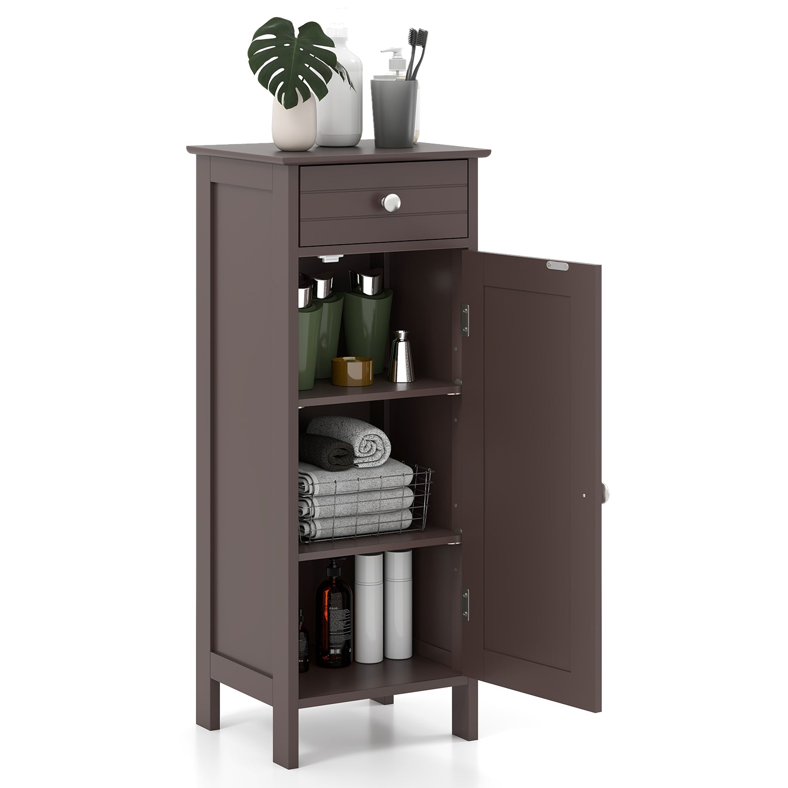Wooden Storage Free-Standing Floor Cabinet with Drawer and Shelf-Brown