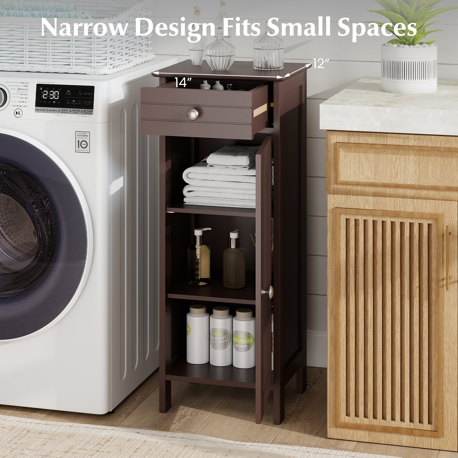Wooden Storage Free-Standing Floor Cabinet with Drawer and Shelf-Brown