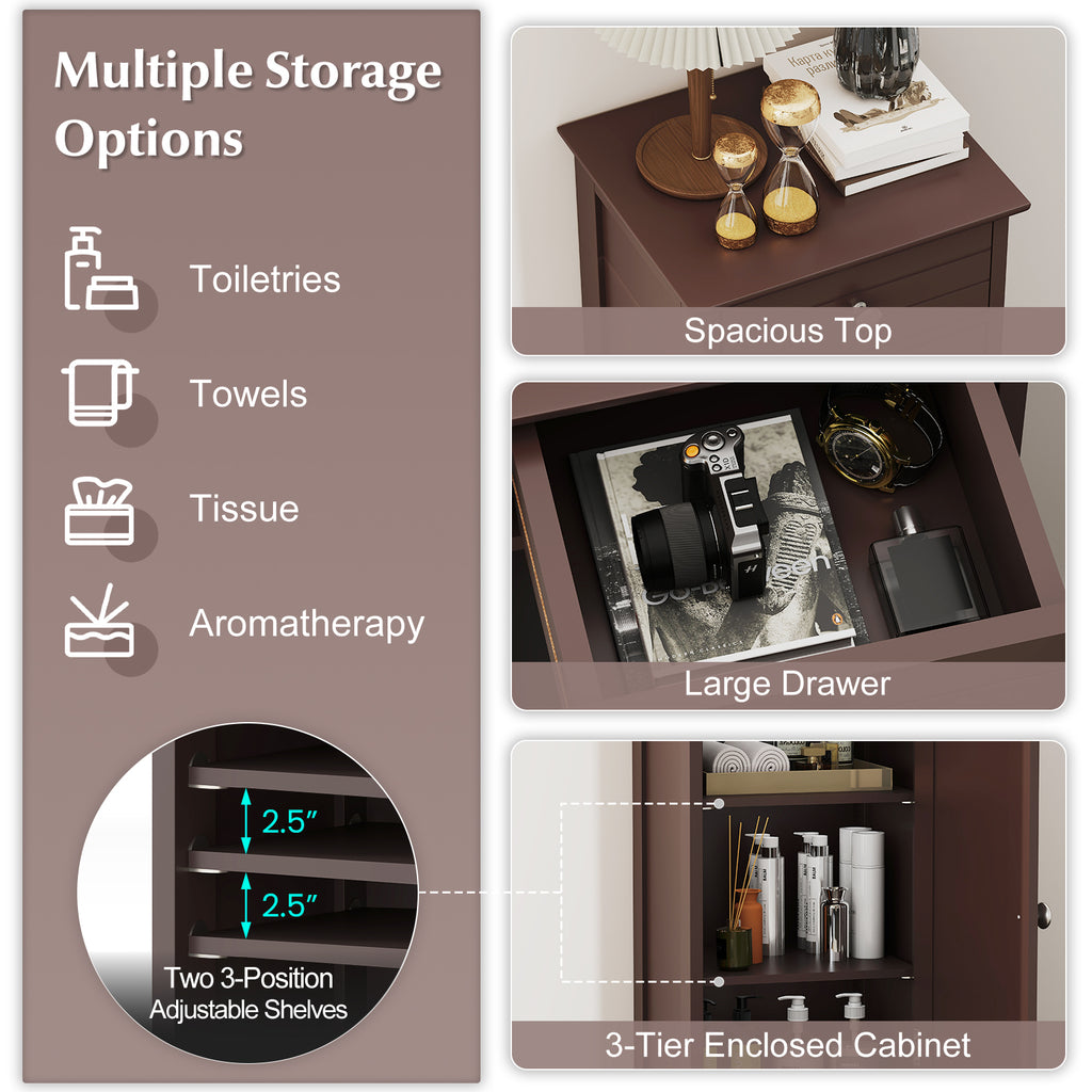 Wooden Storage Free-Standing Floor Cabinet with Drawer and Shelf-Brown