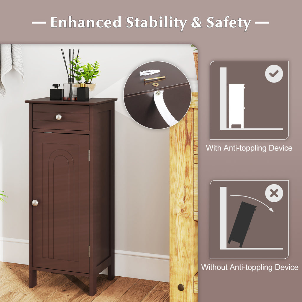 Wooden Storage Free-Standing Floor Cabinet with Drawer and Shelf-Brown