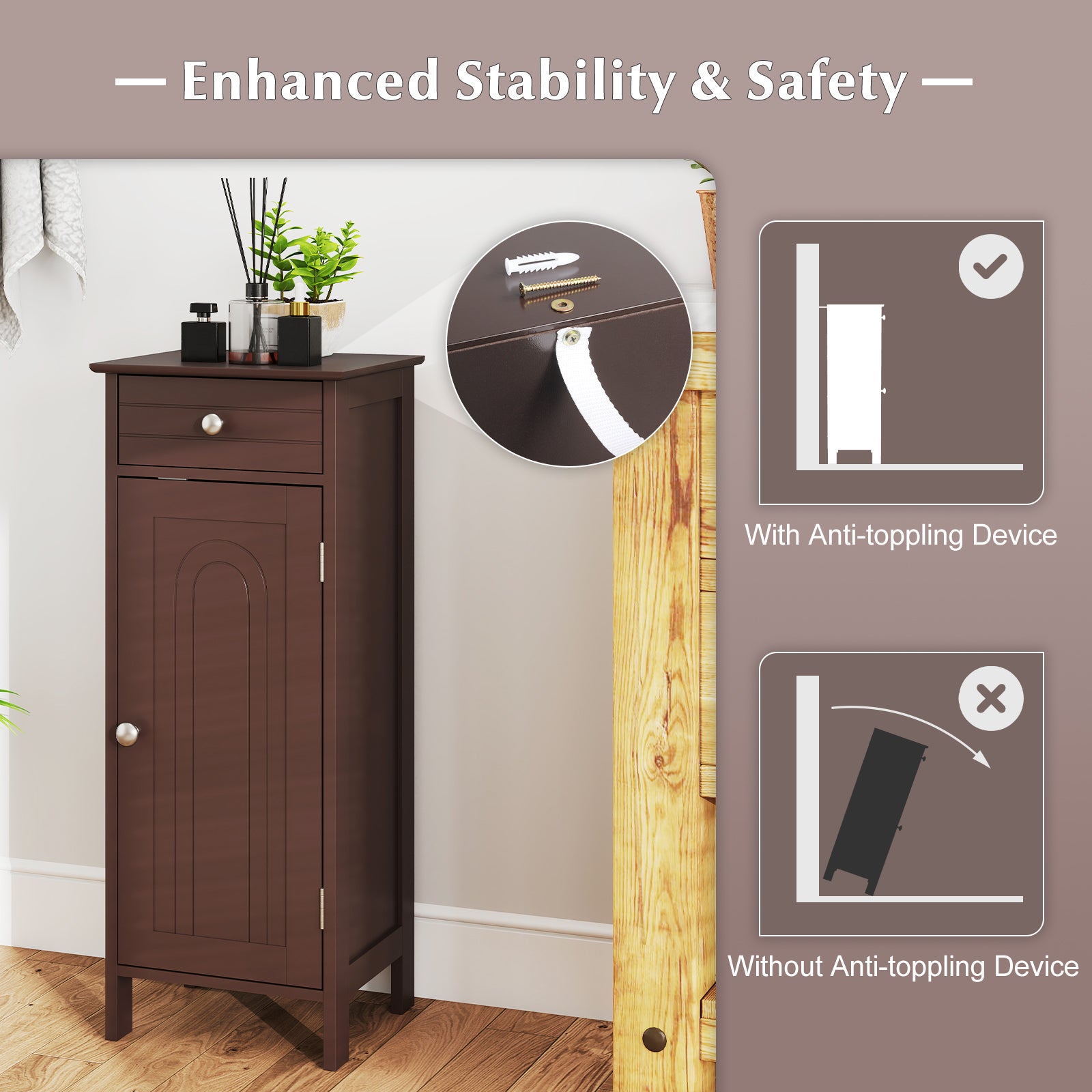 Wooden Storage Free-Standing Floor Cabinet with Drawer and Shelf-Brown