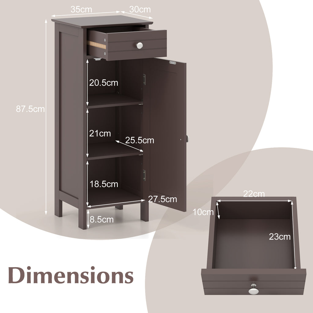 Wooden Storage Free-Standing Floor Cabinet with Drawer and Shelf-Brown