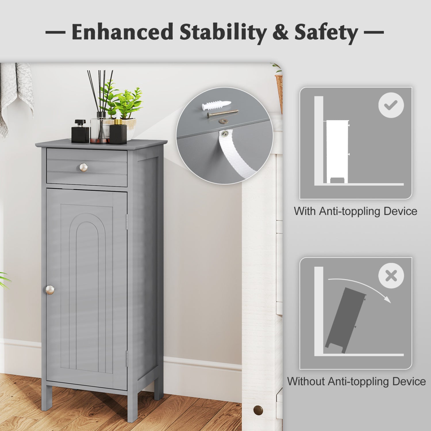 Wooden Storage Free-Standing Floor Cabinet with Drawer and Shelf-Gray