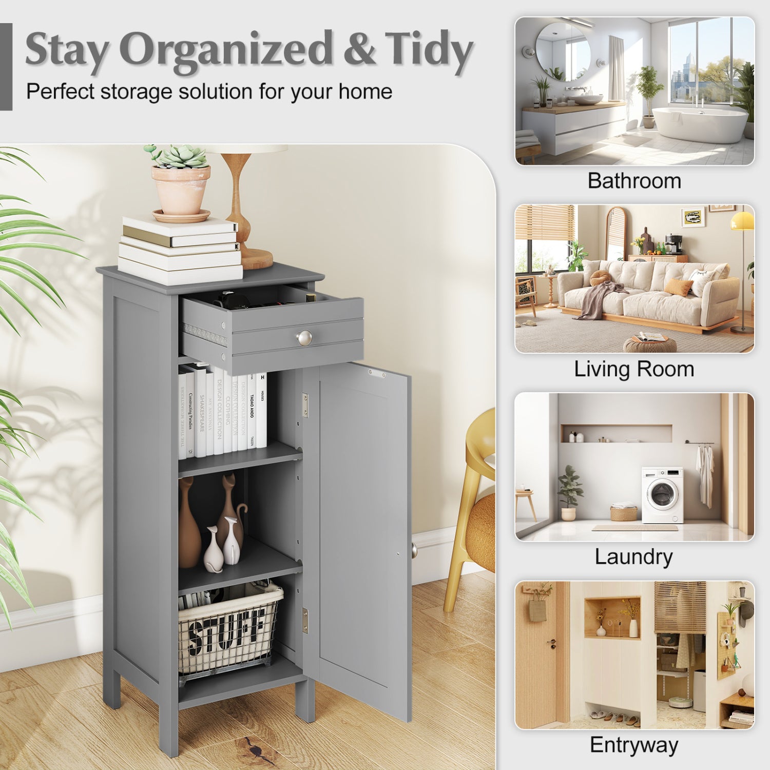 Wooden Storage Free-Standing Floor Cabinet with Drawer and Shelf-Gray