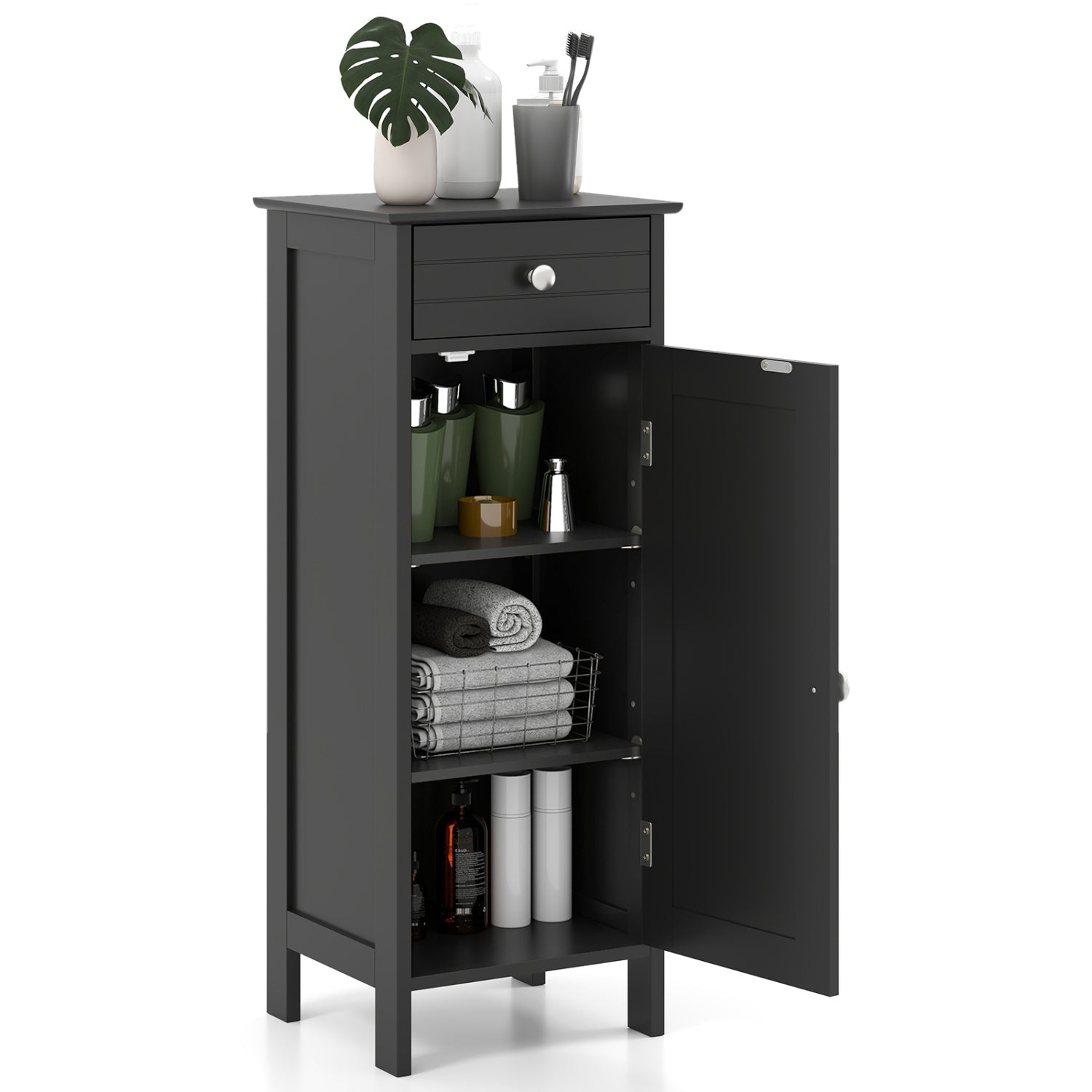 Wooden Storage Free-Standing Floor Cabinet with Drawer and Shelf-Black