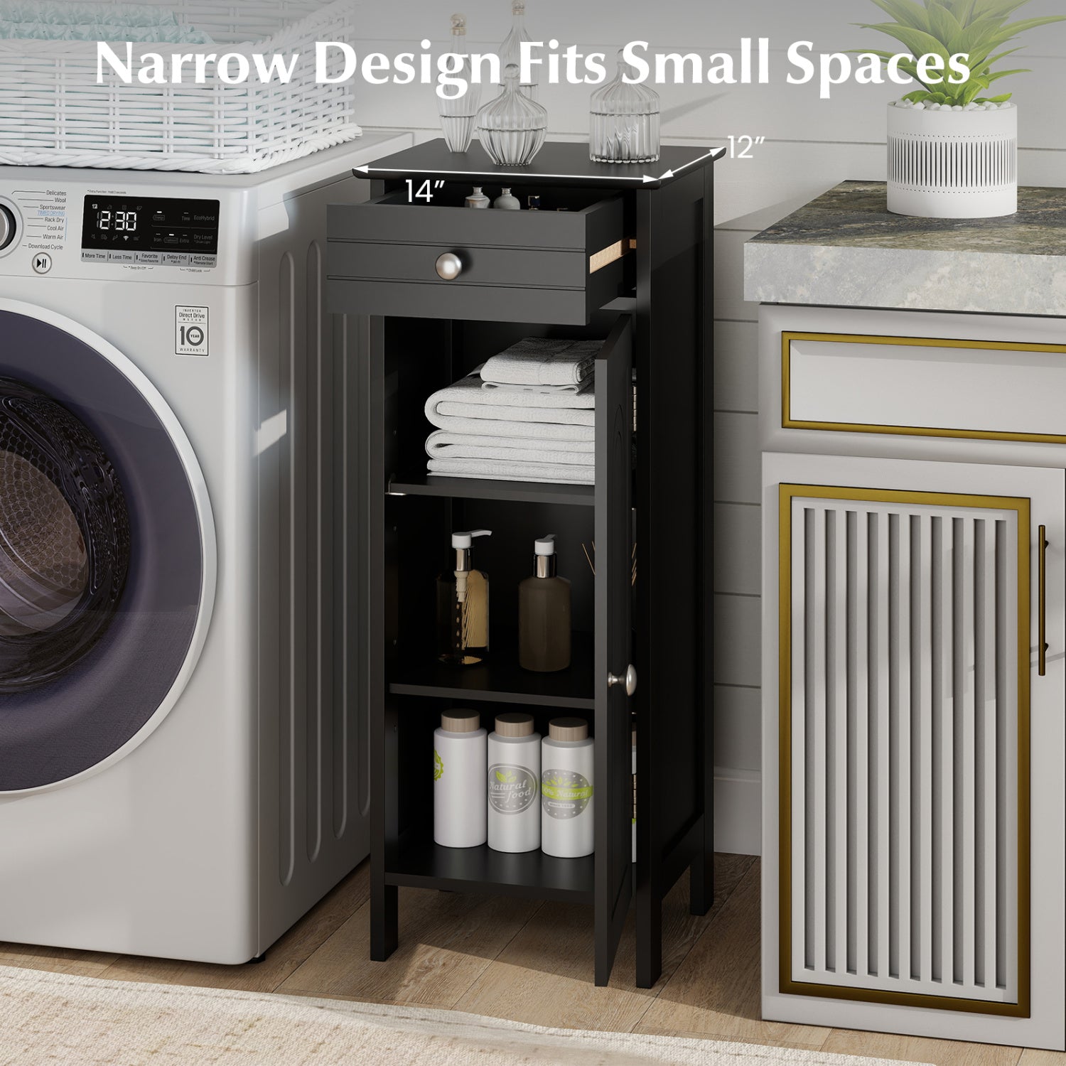 Wooden Storage Free-Standing Floor Cabinet with Drawer and Shelf-Black