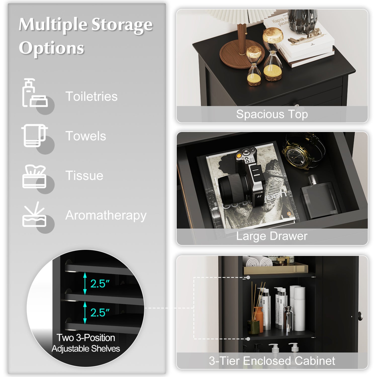 Wooden Storage Free-Standing Floor Cabinet with Drawer and Shelf-Black