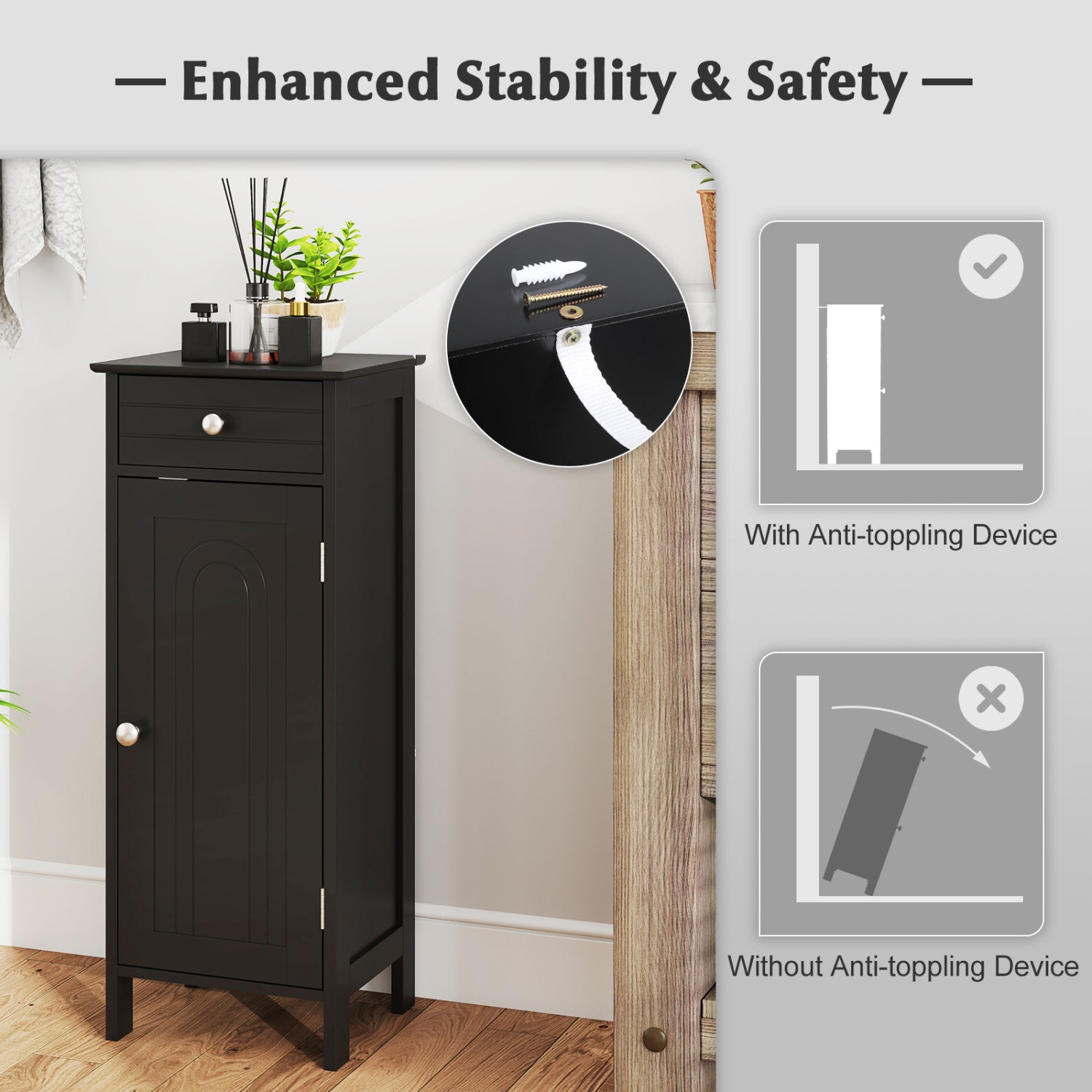 Wooden Storage Free-Standing Floor Cabinet with Drawer and Shelf-Black