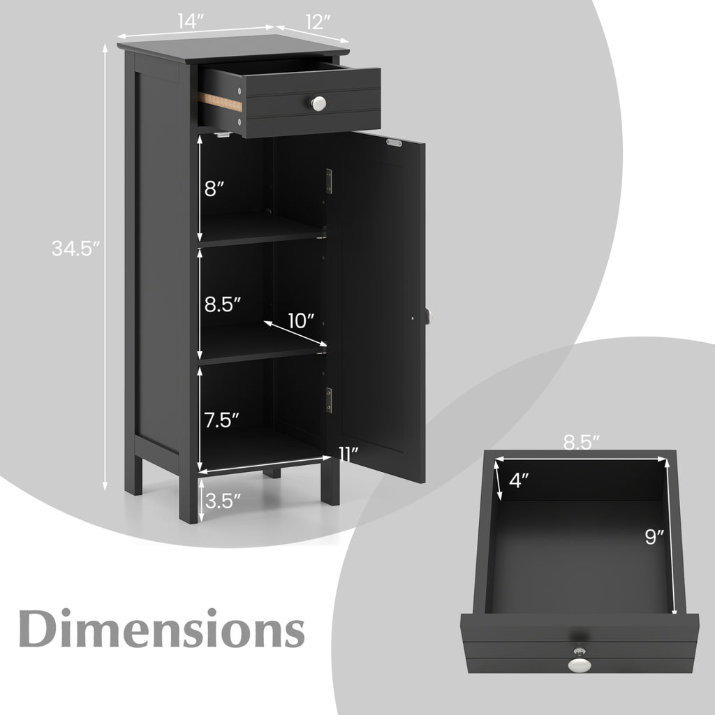 Wooden Storage Free-Standing Floor Cabinet with Drawer and Shelf-Black