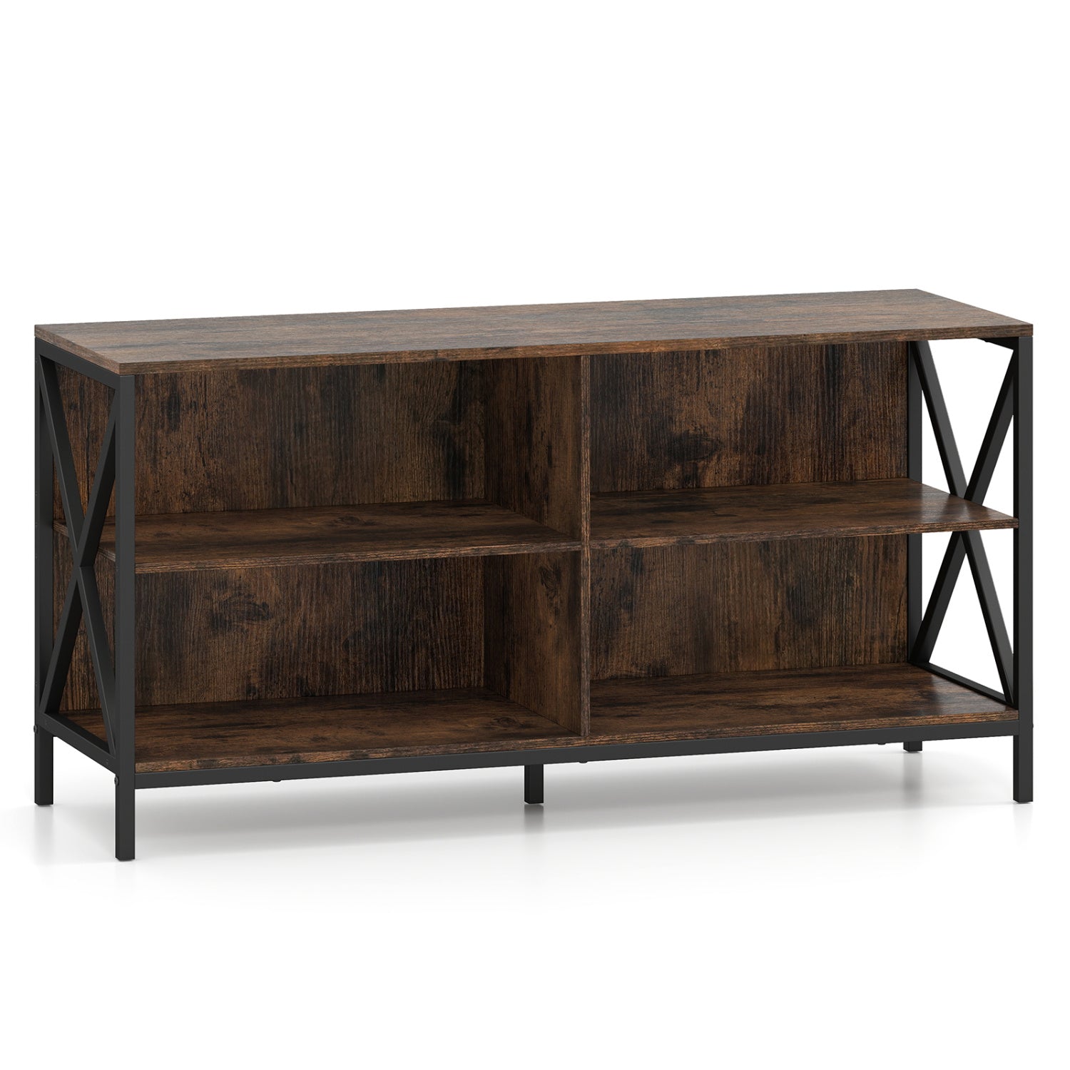 Wooden TV Stand Entertainment for TVs up to 55 Inch with X-Shaped Frame-Rustic Brown