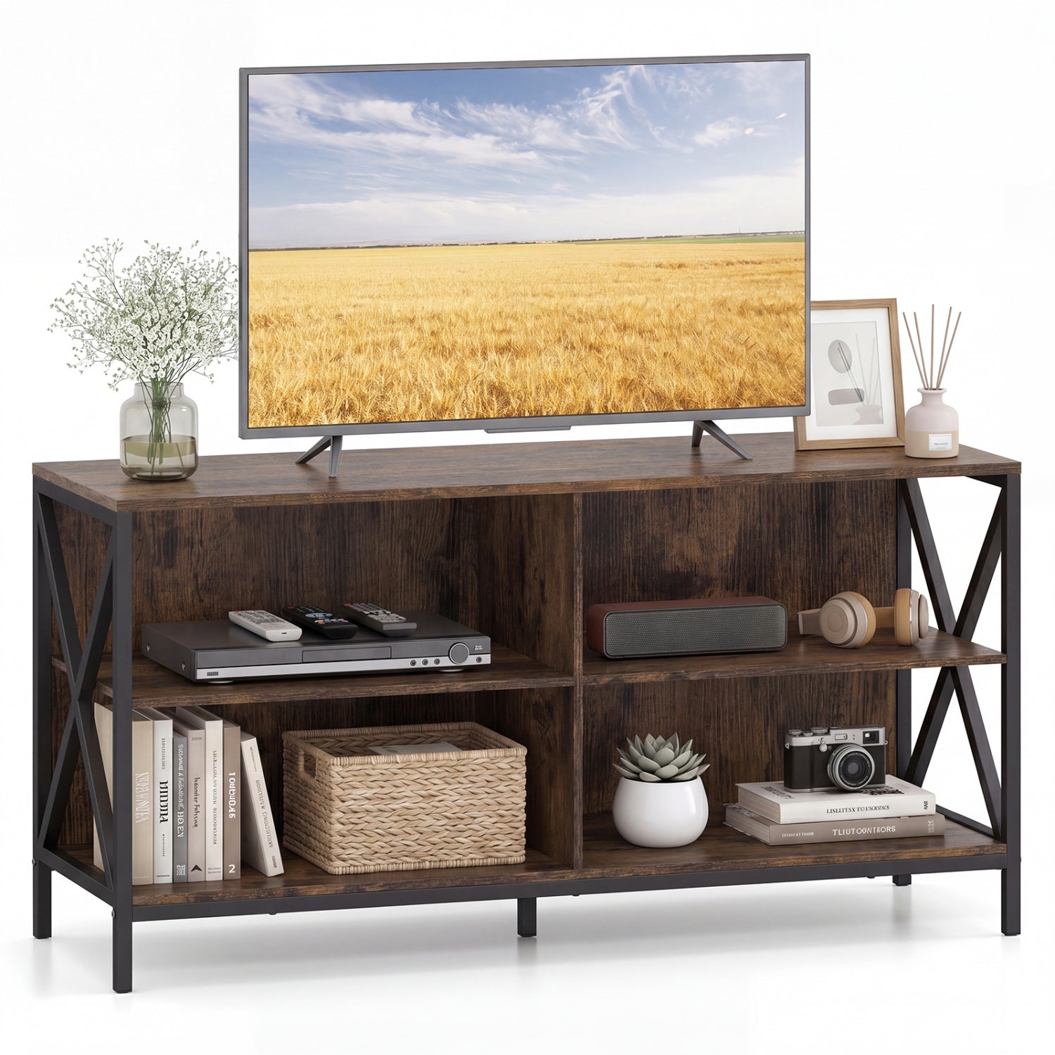 Wooden TV Stand Entertainment for TVs up to 55 Inch with X-Shaped Frame-Rustic Brown