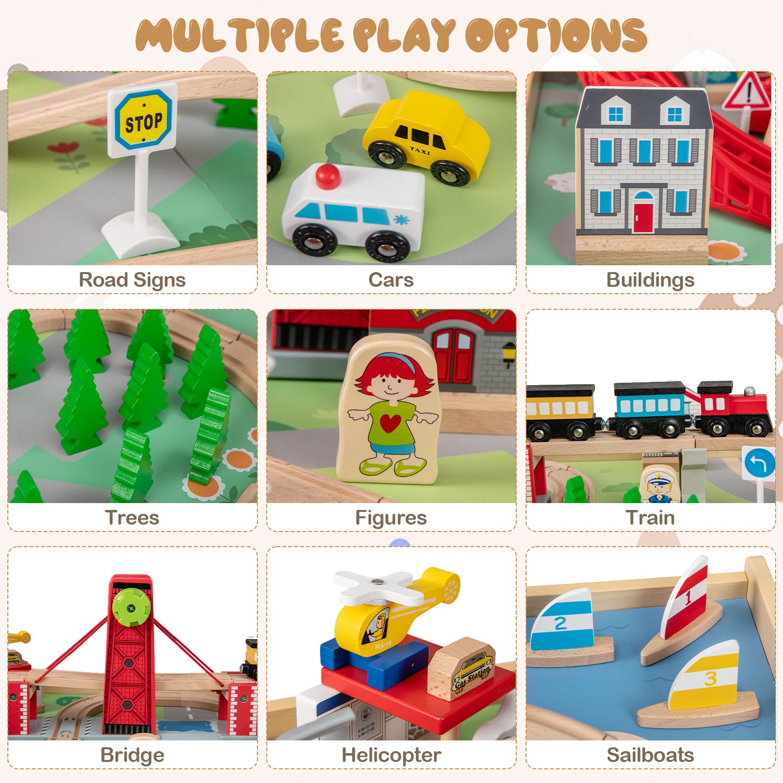 Wooden Train Set Table Kids Multipurpose Activity Play Table with 2 Reversible Tabletops-Red