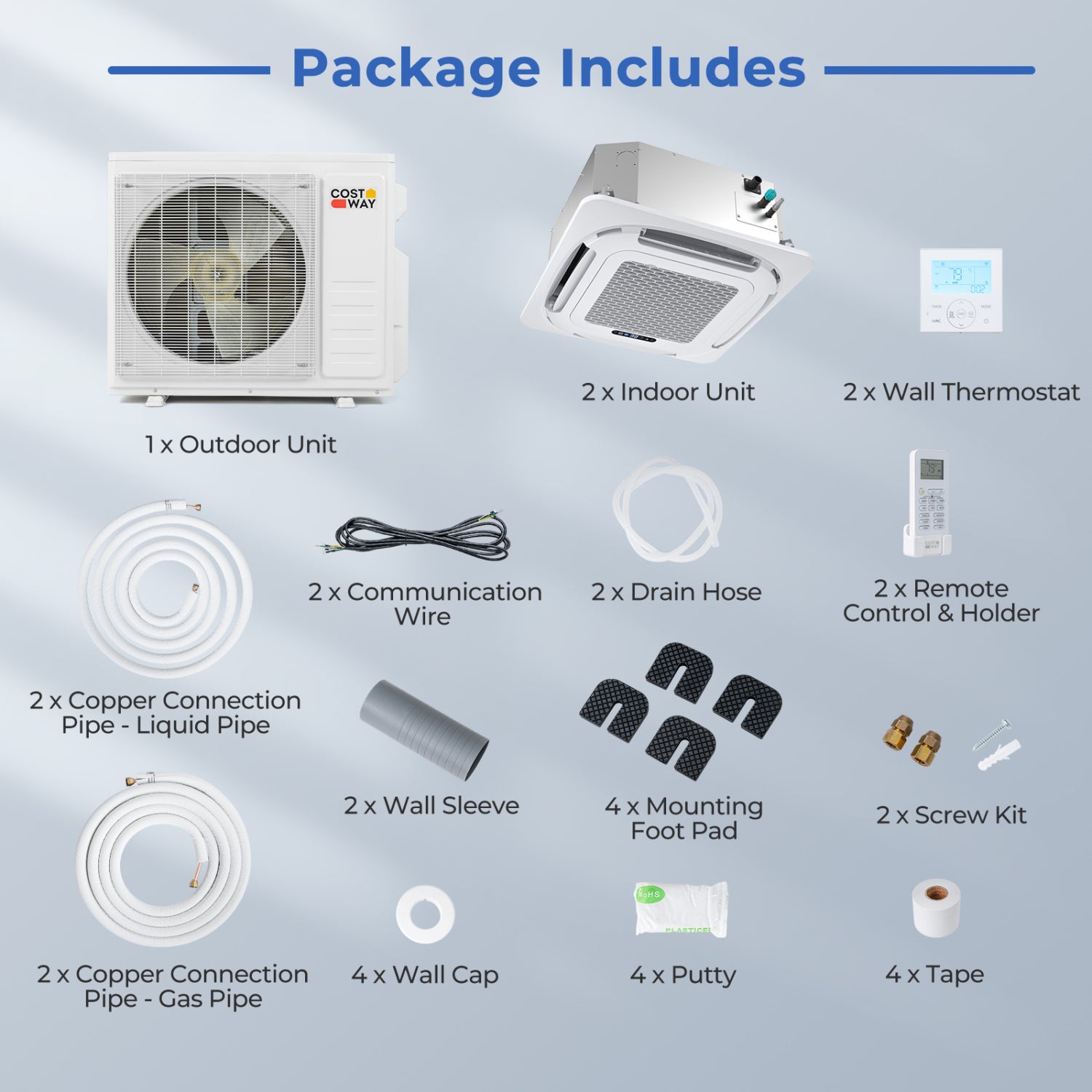 X-Pro 27000 BTU 2 Zone 24 SEER2 Ceiling Cassette Mini Split AC-12K + 18K
