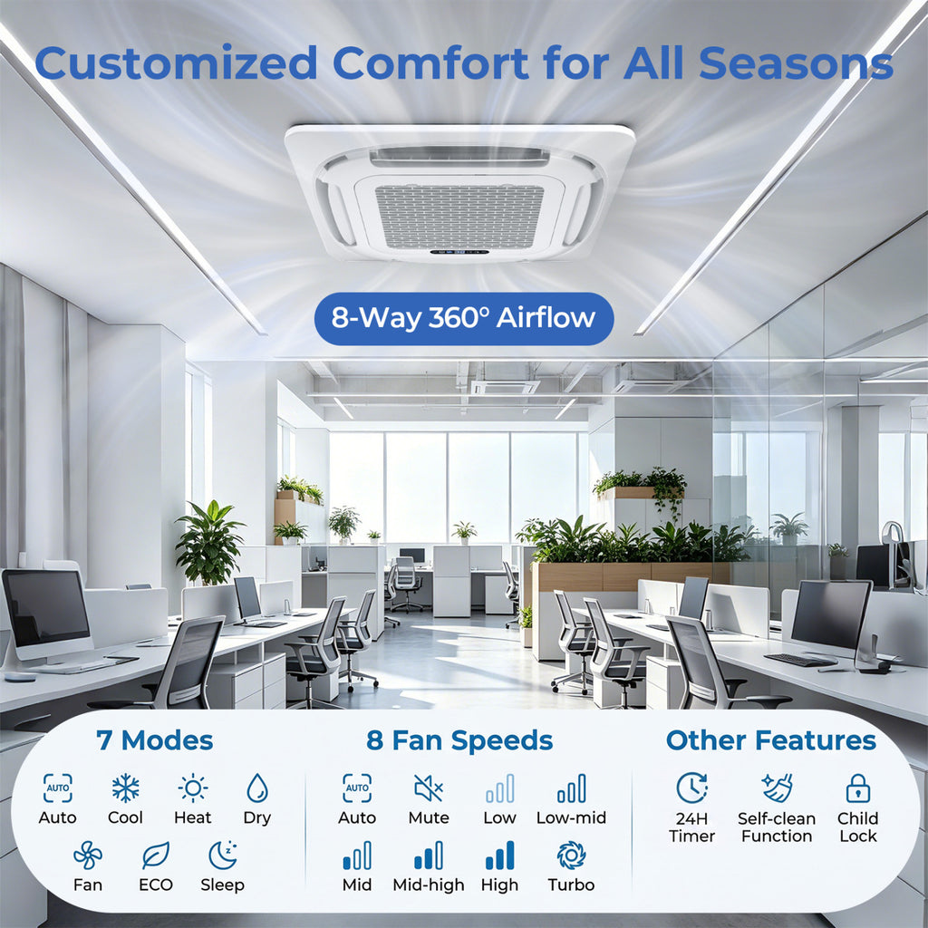 X-Pro 27000 BTU 2 Zone 24 SEER2 Ceiling Cassette Mini Split AC-18K + 18K