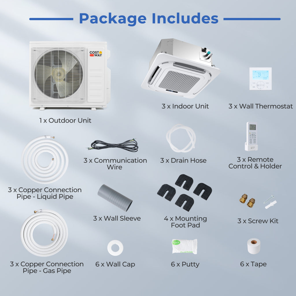 X-Pro 27000 BTU 3 Zone 24 SEER2 Ceiling Cassette Mini Split AC-9K + 9K + 18K