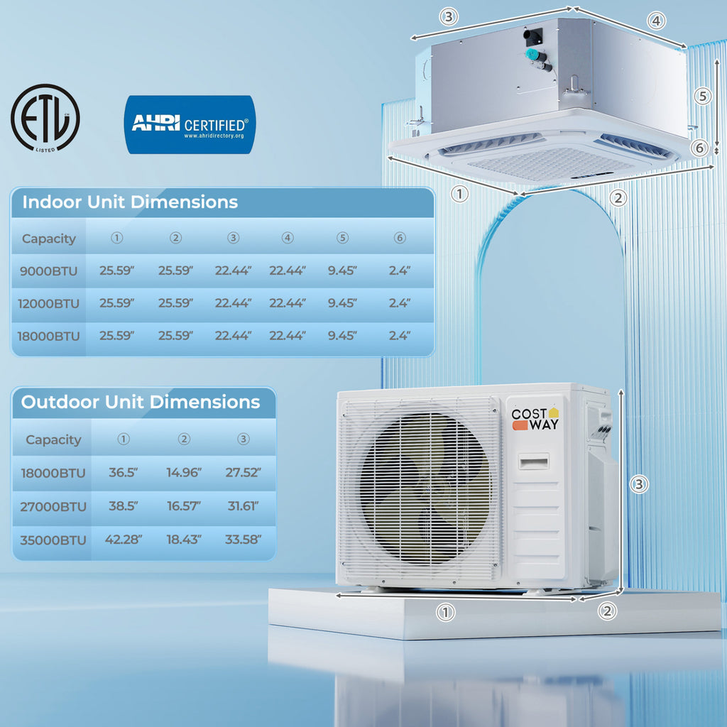 X-Pro 35000 BTU 4 Zone 22.5 SEER2 Ceiling Cassette Mini Split AC-9K + 12K + 12K + 12K