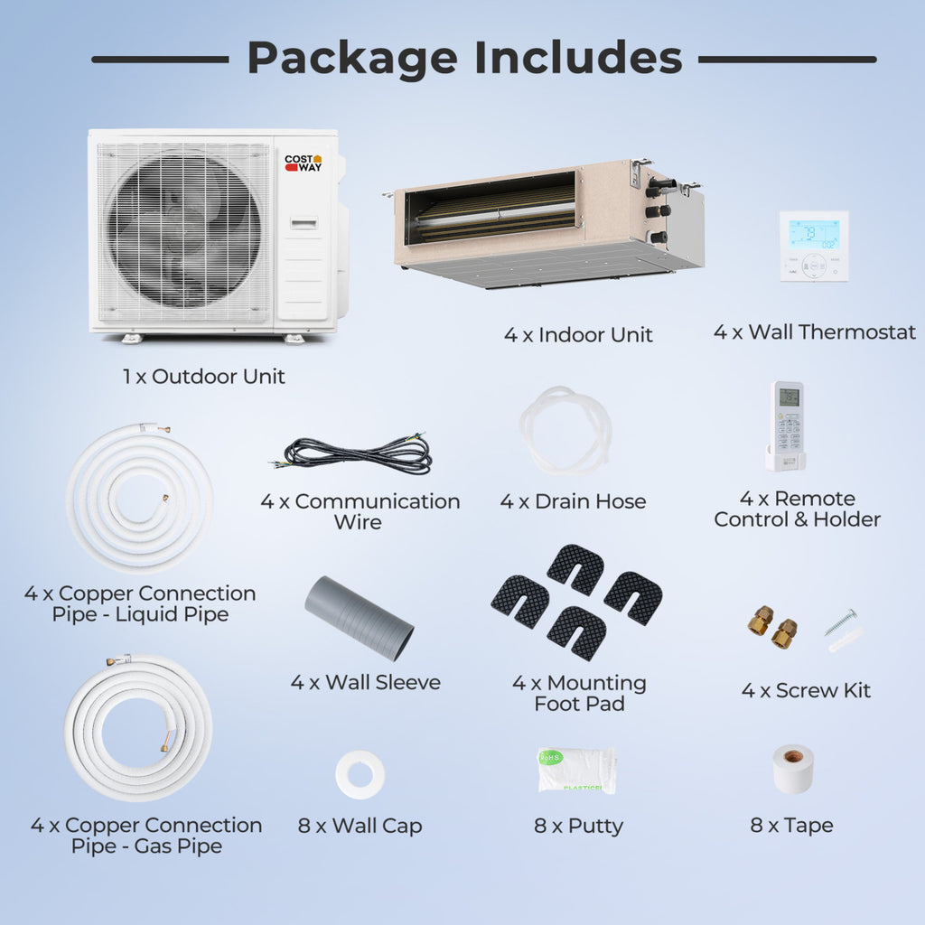 X-Pro 35000 BTU 4 Zone 22.5 SEER2 Concealed Ducted Mini Split AC-9K + 9K + 12K + 12K