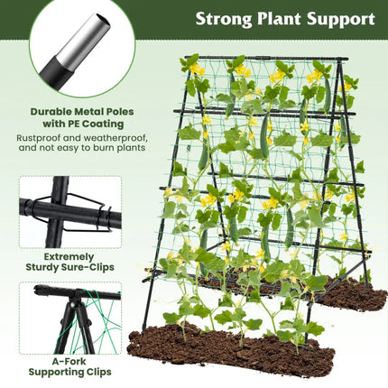 A-Frame Garden Cucumber Trellis with Netting for Climbing Plants Outdoor-Black - Black - Plant Supports