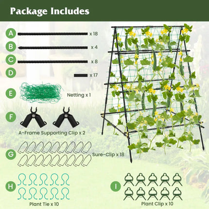 A-Frame Garden Cucumber Trellis with Netting for Climbing Plants Outdoor-Black - Black - Plant Supports
