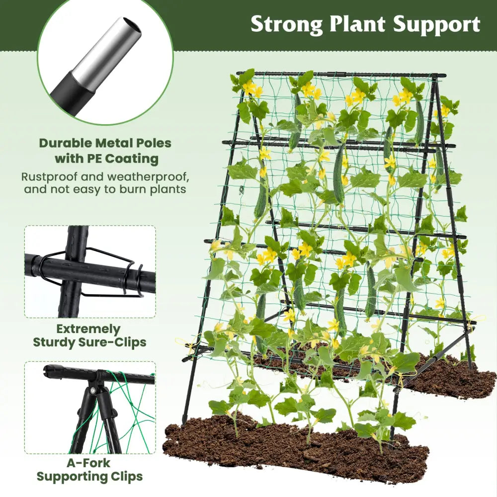 A-Frame Garden Cucumber Trellis with Netting for Climbing Plants Outdoor-Black - Black - Plant Supports