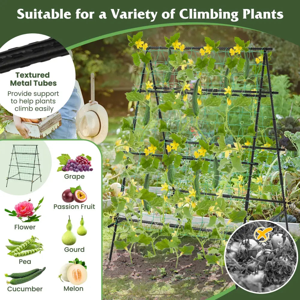 A-Frame Garden Cucumber Trellis with Netting for Climbing Plants Outdoor-Black - Black - Plant Supports
