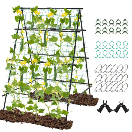 A-Frame Garden Cucumber Trellis with Netting for Climbing Plants Outdoor-Black - Black - Plant Supports