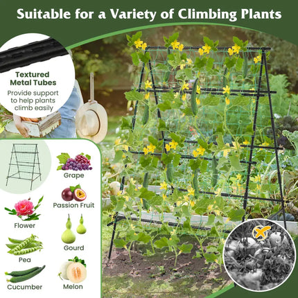 A-Frame Garden Cucumber Trellis with Netting for Climbing Plants Outdoor-Black - Black - Plant Supports