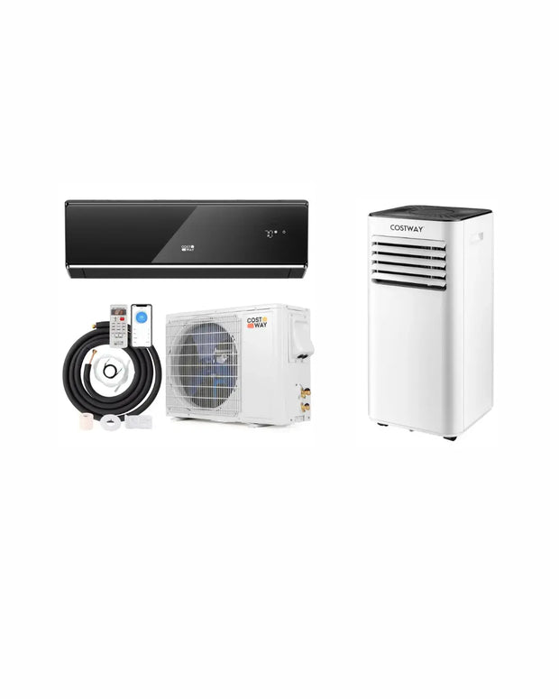 Set of air conditioning units and accessories on a white background