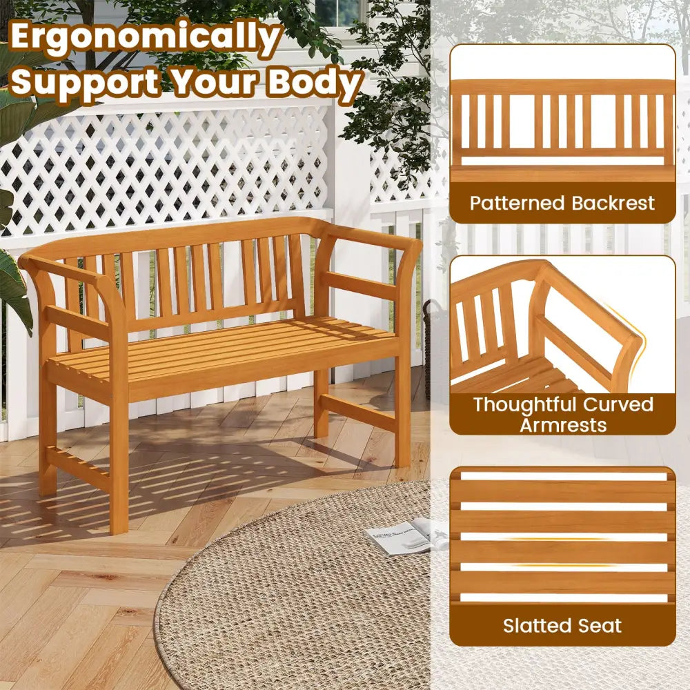 Acacia Wood 2-Person Patio Loveseat with Backrest and Armrests - Outdoor Benches