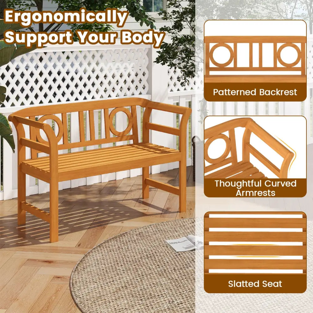 Acacia Wood 2-Person Patio Loveseat with Backrest and Armrests for Backyard - Outdoor Benches
