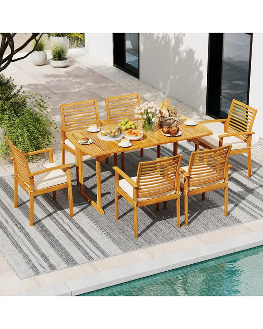 Acacia Wood 7-Piece Patio Dining Set with Umbrella Hole - Natural - Patio Dining Sets
