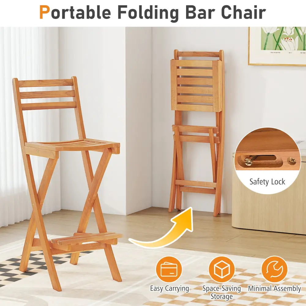 Acacia Wood Bar Height Chair with Backrest and Footrest for Backyard-Set of 2 - Patio Bar Furniture