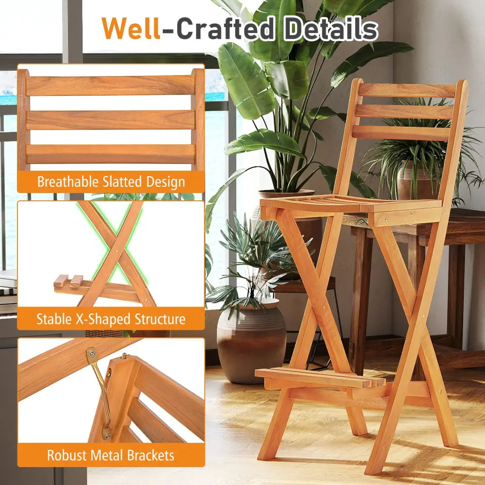 Acacia Wood Bar Height Chair with Backrest and Footrest for Backyard-Set of 4 - Patio Bar Furniture
