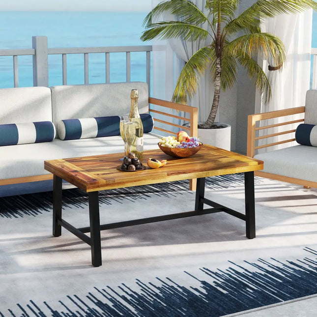 Acacia Wood Coffee Table with Thickened Top and Heavy-duty Metal Legs - Natural - Patio Coffee Tables