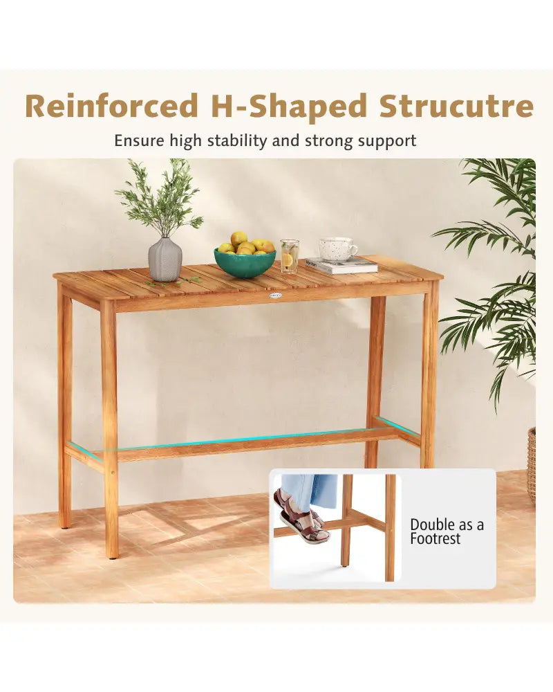 Acacia Wood Counter Height Table with Slatted Tabletop and Footrest Crossbar - Patio Bar Furniture