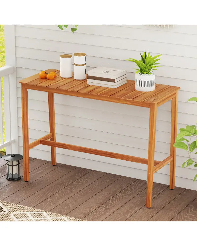 Acacia Wood Counter Height Table with Slatted Tabletop and Footrest Crossbar - Patio Bar Furniture