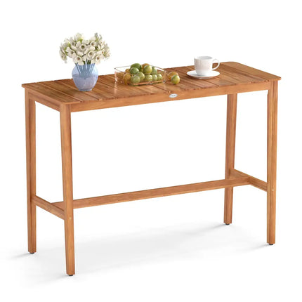 Acacia Wood Counter Height Table with Slatted Tabletop and Footrest Crossbar - Patio Bar Furniture