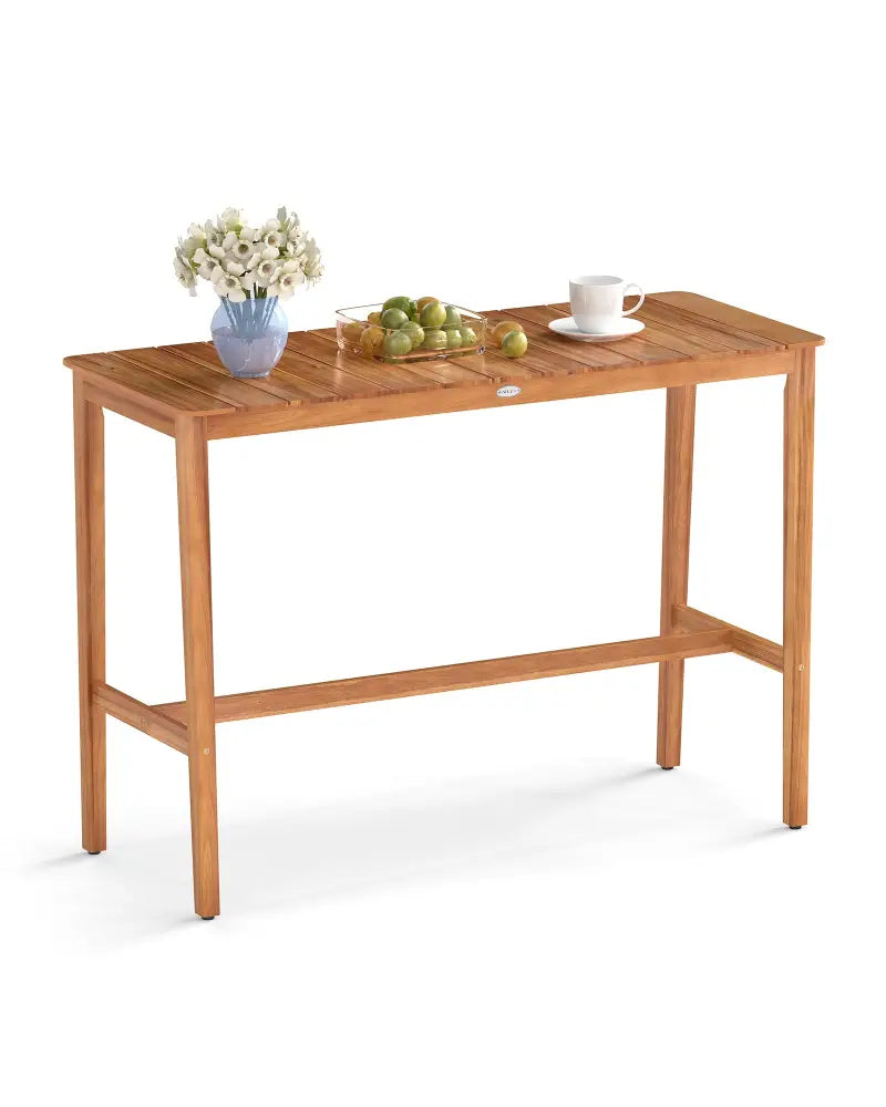 Acacia Wood Counter Height Table with Slatted Tabletop and Footrest Crossbar - Patio Bar Furniture