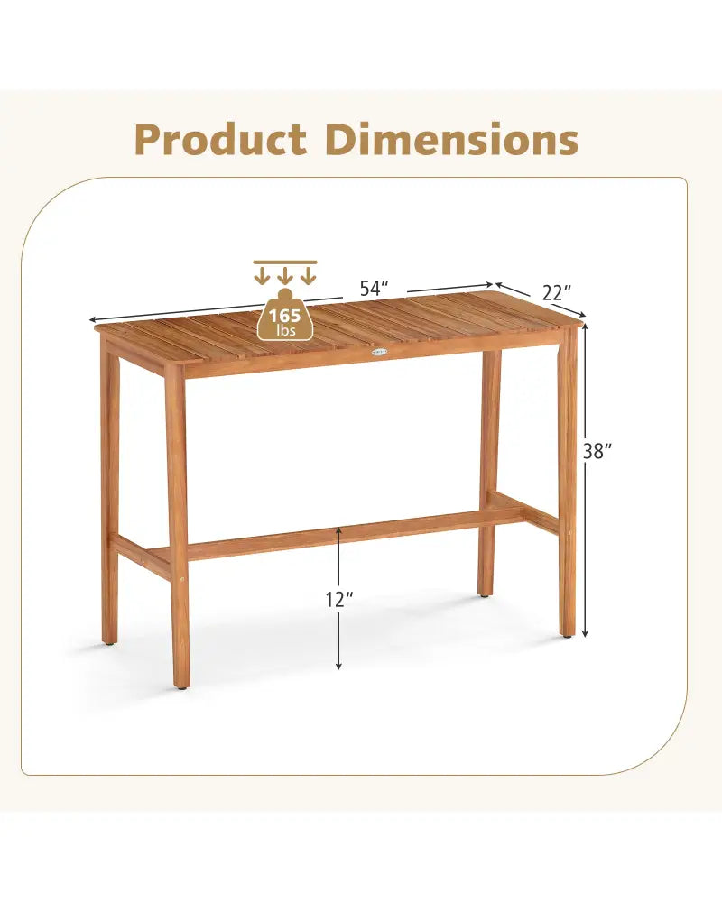 Acacia Wood Counter Height Table with Slatted Tabletop and Footrest Crossbar - Patio Bar Furniture