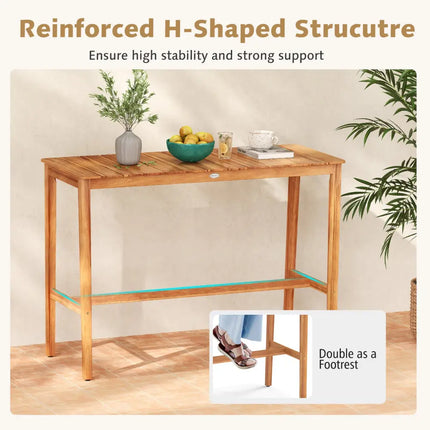Acacia Wood Counter Height Table with Slatted Tabletop and Footrest Crossbar - Patio Bar Furniture