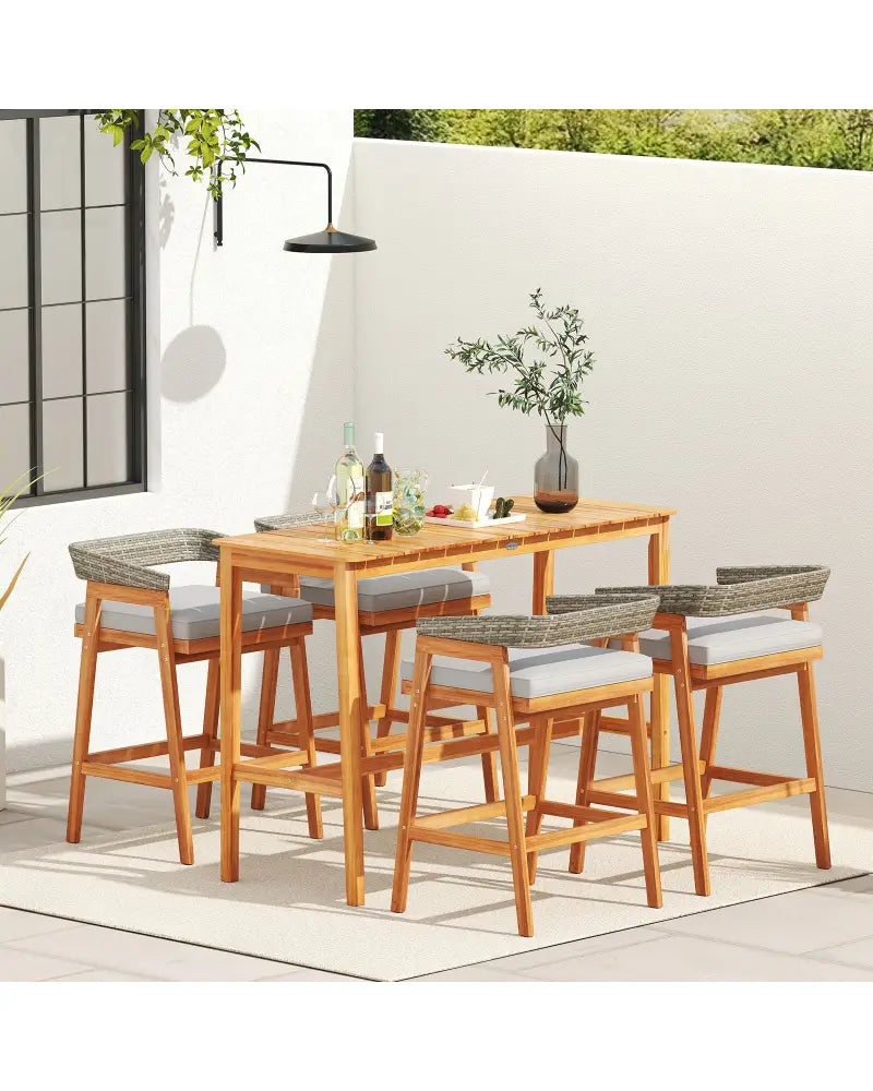 Acacia Wood Counter Height Table with Slatted Tabletop and Footrest Crossbar - Patio Bar Furniture