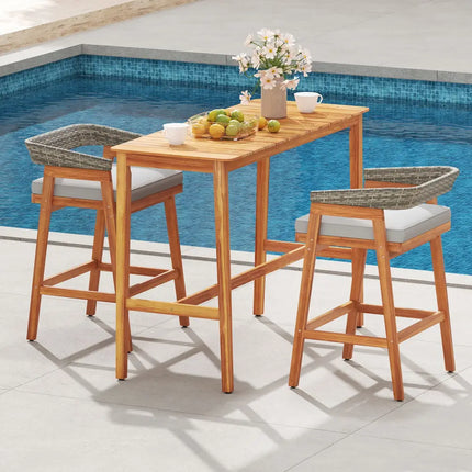 Acacia Wood Counter Height Table with Slatted Tabletop and Footrest Crossbar - Patio Bar Furniture