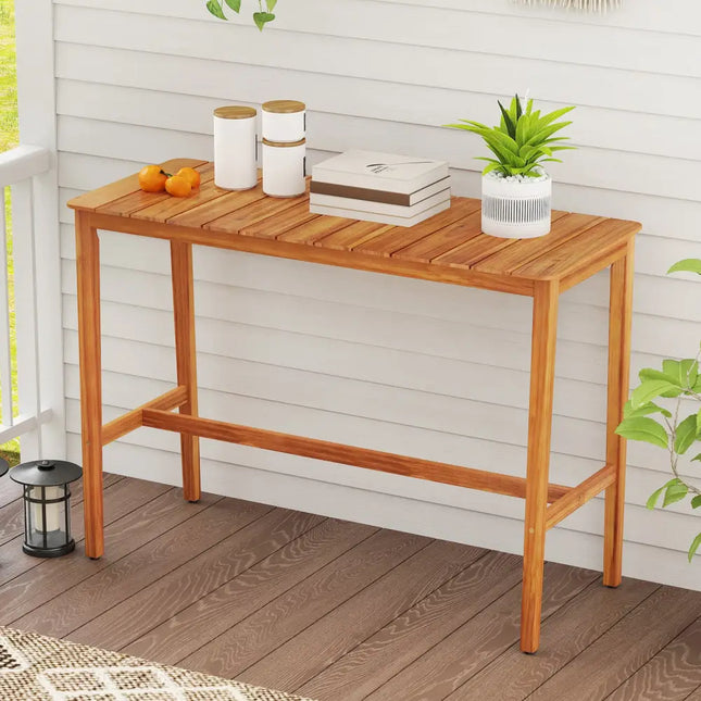 Acacia Wood Counter Height Table with Slatted Tabletop and Footrest Crossbar - Patio Bar Furniture
