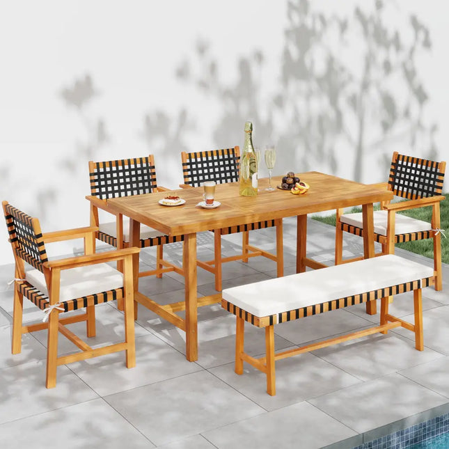 Acacia Wood Dining Table for 6 People Heavy-Duty Indoor Outdoor - Natural - Patio Dining Tables