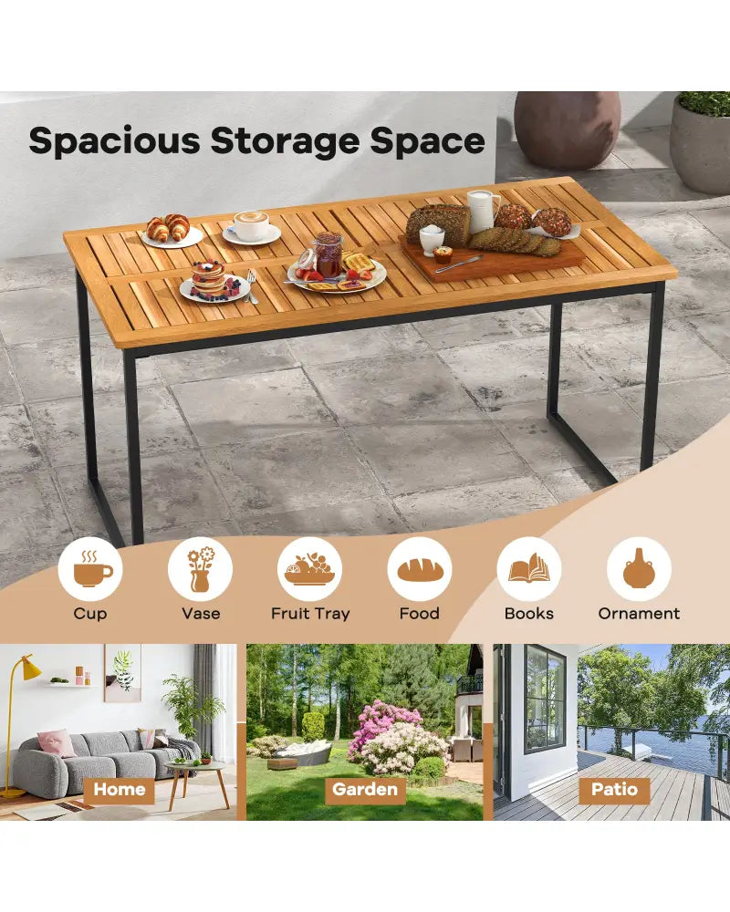 Acacia Wood Dining Table for 6 People with Slatted Tabletop and Umbrella Hole - Natural - Dining Tables
